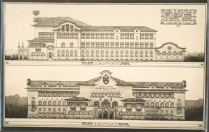 Concurso de ante projectos para a escola normal do districto federal.  Escala 1:100. Fachada lateral e fachada principal.