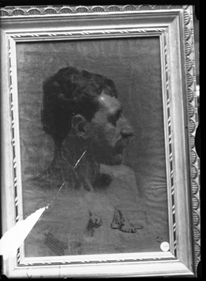 Studio di testa d'uomo, mani e piedi, disegno a carbocino di Pellizza da Volpedo