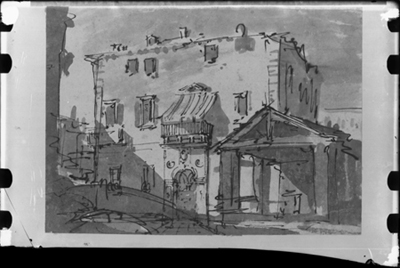 Studio per spezzati scenici con facciata casa di tipo veneziano, acquarello di G. Migliara