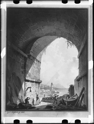 Scena di vita marinara con veduta sul golfo, dipinto di G. Migliara