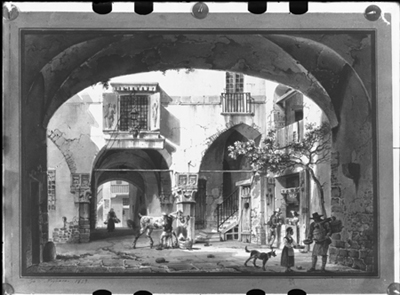 Cortile di Maniscalco, acquarello di G. Migliara