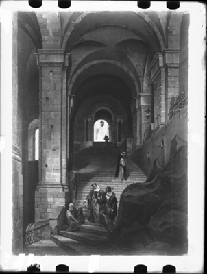 Scena storico romanzesca all'interno della Sacra di S. Michele, dipinto di G. Migliara
