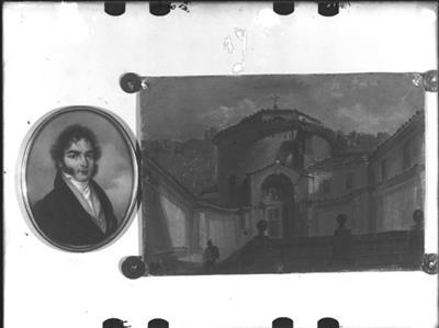 Ritratto ovale di gentiluomo e quadro con veduta di chiesa, dipinti da G. Migliara