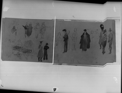 Studio di gruppo di figure e scena di mercato, acquarello e matita di G. Migliara