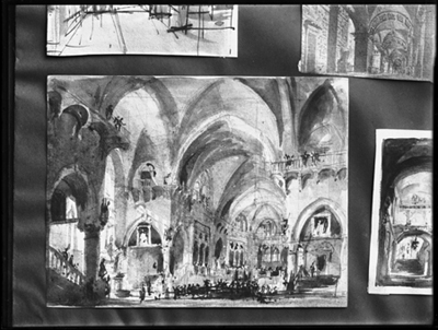Bozzetto d'interno chiesa in stile neogotico ad acquarello di G. Migliara