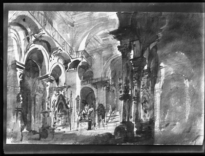 Schizzo interno chiesa a inchiostro e acquarello, dipinto da G. Migliara
