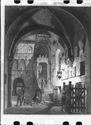 Atrio con scena storico romanzesca, acquarello di G. Migliara