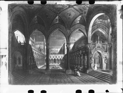 Bozzetto scenografico per scena storico romanzesca in stile neogotico, dipinto da G. Migliara