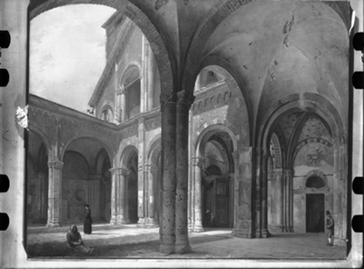 Cortile chiesa di S. Ambrogio a Milano, dipinto a olio di G. Migliara
