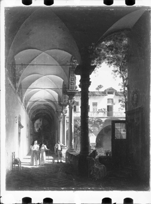 Interno di convento di suore con giardino, dipinto a olio di G. Migliara