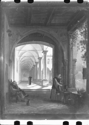Chiostro con frati, dipinto a olio di G. Migliara