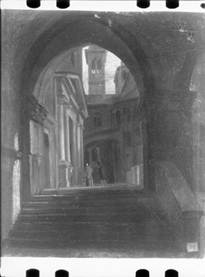 Scalinata con veduta urbana, dipinto di G. Migliara